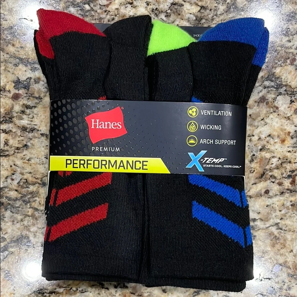 Hanes Premium Boy’s Performance Socks - Black, Red, Blue, Green